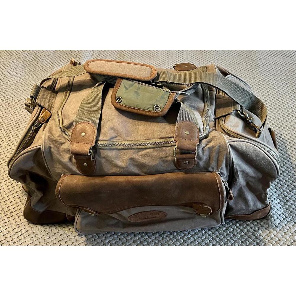 VTG High Sierra 24" Green Brown Leather Trim Canvas Duffle Bag Travel Carry On